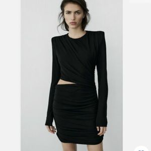 NWT ZARA DRAPED BLACK SHOULDER PADS CUT OUT MINI DRESS, SIZE L